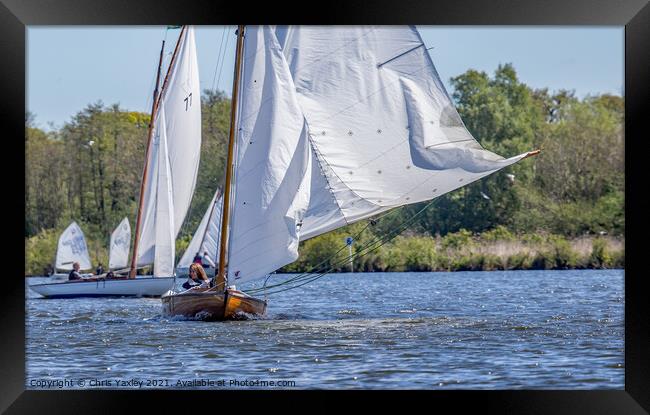 Head on view of traditional sailing boat on Wroxham Broad, Norfolk Framed Print by Chris Yaxley