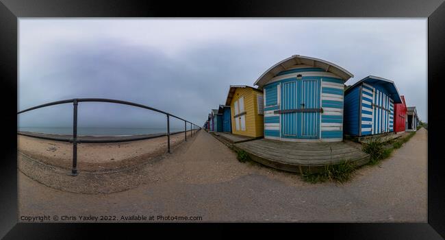  360 panorama of traditional beach huts on Cromer promenade, North Norfolk coast Framed Print by Chris Yaxley