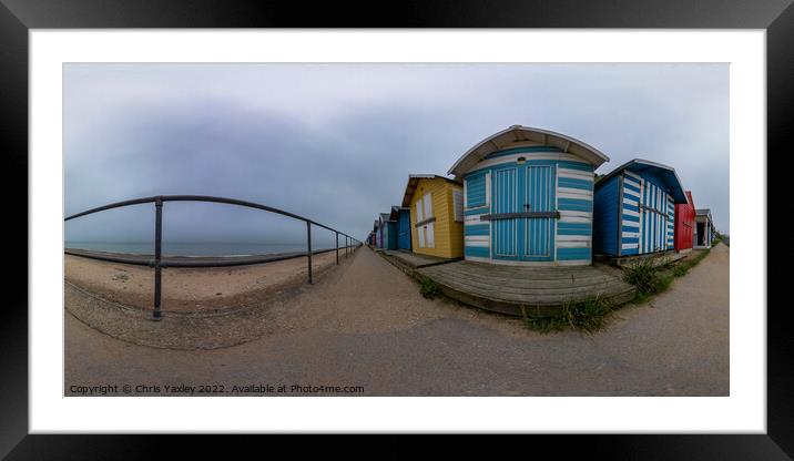  360 panorama of traditional beach huts on Cromer promenade, North Norfolk coast Framed Mounted Print by Chris Yaxley