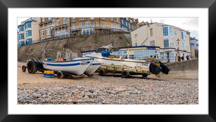 Sea fishing boats on Cromer beach, Norfolk Framed Mounted Print by Chris Yaxley