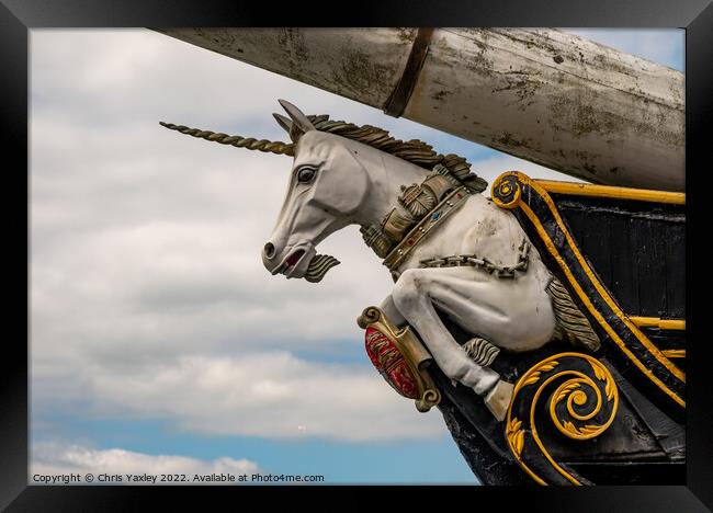 Close up of the figurehead of the HMS Unicorn, an old war ship now restored and converted to a museum, located in Dundee docks Framed Print by Chris Yaxley