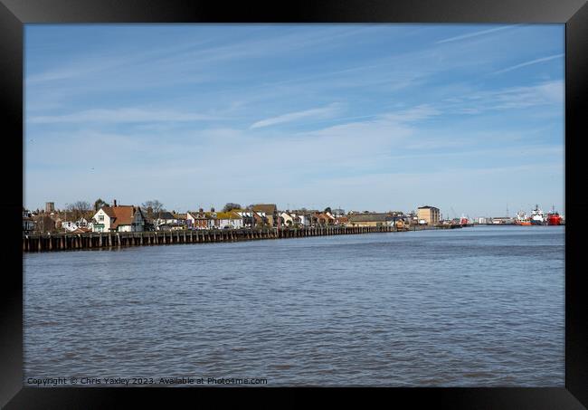 View down the River Yare towards the seaside towns of Great Yarmouth on the East and Gorleston on the West. Captured on a bright and sunny day Framed Print by Chris Yaxley