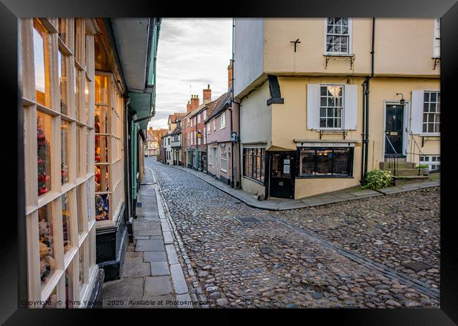 A view down Elm Hill, Norwich Framed Print by Chris Yaxley