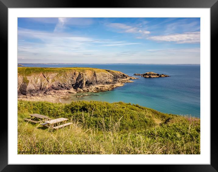 Bench with a view on the Pembrokeshire Coast Framed Mounted Print by Chris Yaxley