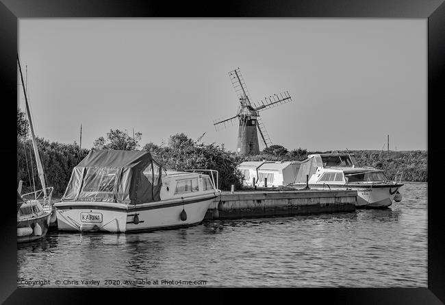 Boats moored at Thurne Mouth, Norfolk Broads bw Framed Print by Chris Yaxley