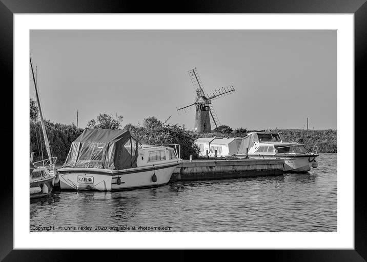 Boats moored at Thurne Mouth, Norfolk Broads bw Framed Mounted Print by Chris Yaxley