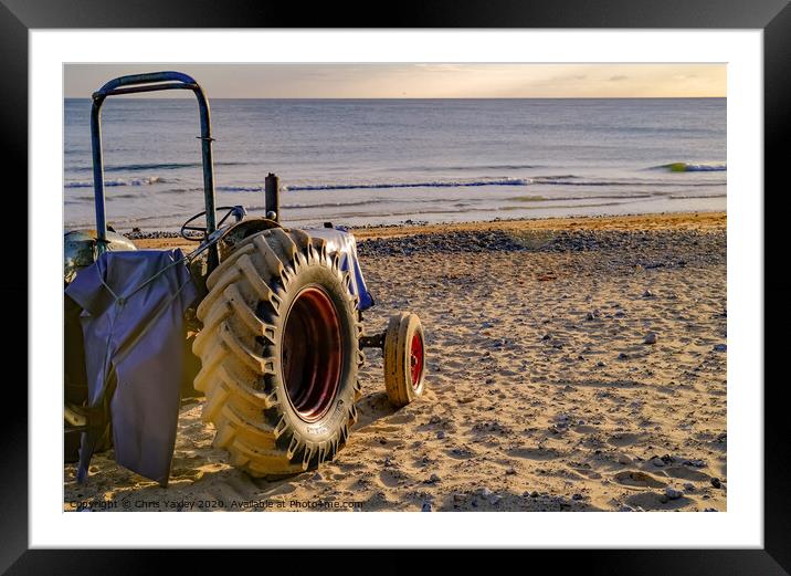 Rear view of tractor on Cromer beach at sunrise Framed Mounted Print by Chris Yaxley