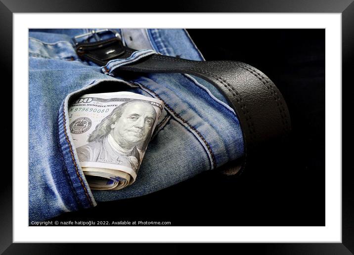 100 usd banknotes visible in the pocket of a jeans lying on the floor, your jeans and 100 usd, Framed Mounted Print by nazife hatipoğlu