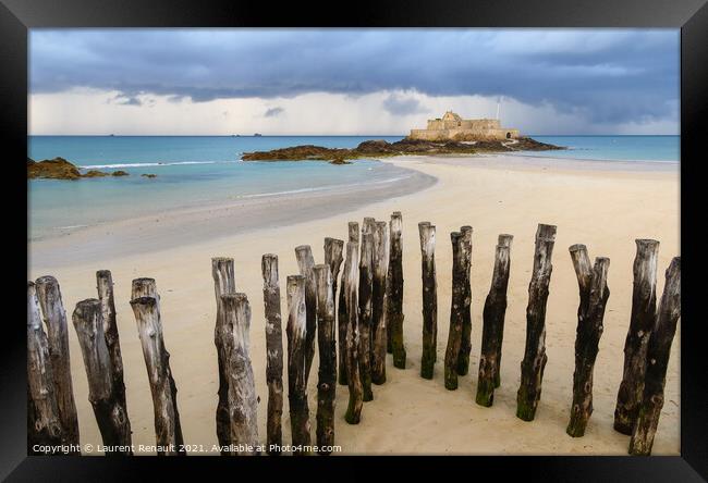 Fort National in Saint-Malo and breakwater trunks at eventail be Framed Print by Laurent Renault