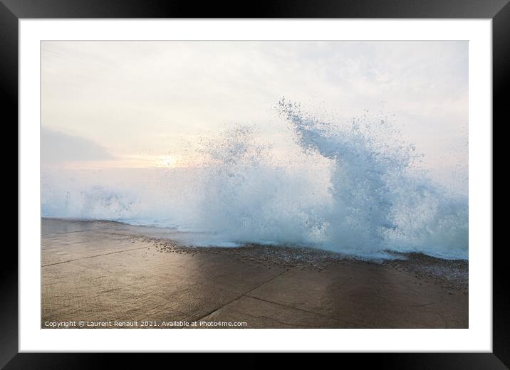 Splashing wave on dyke  in Saint-Malo Framed Mounted Print by Laurent Renault
