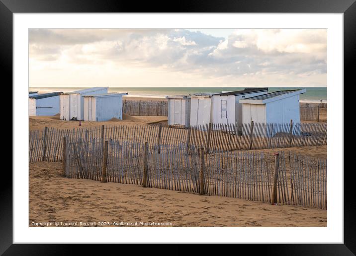 Beach and cabins in Calais harbor in France Framed Mounted Print by Laurent Renault