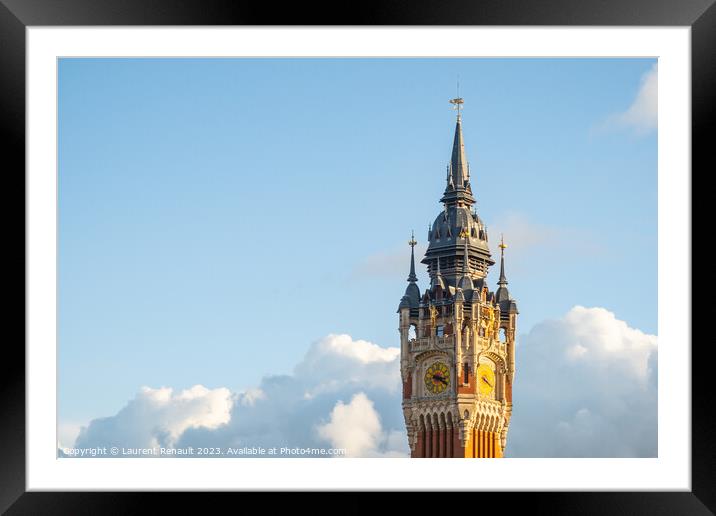 Belfry, clock tower at town hall in Calais, France Framed Mounted Print by Laurent Renault