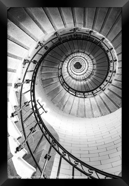 Black and white vertical real photography of Spiral stairs insid Framed Print by Laurent Renault