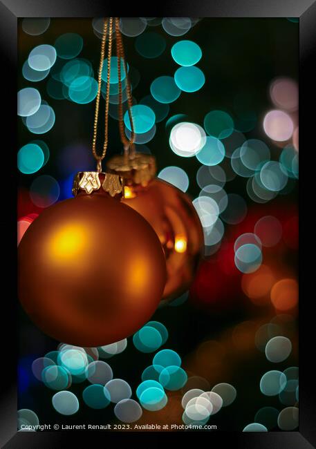 Gold Christmas bauble balls decoration ornament hanging from Chr Framed Print by Laurent Renault