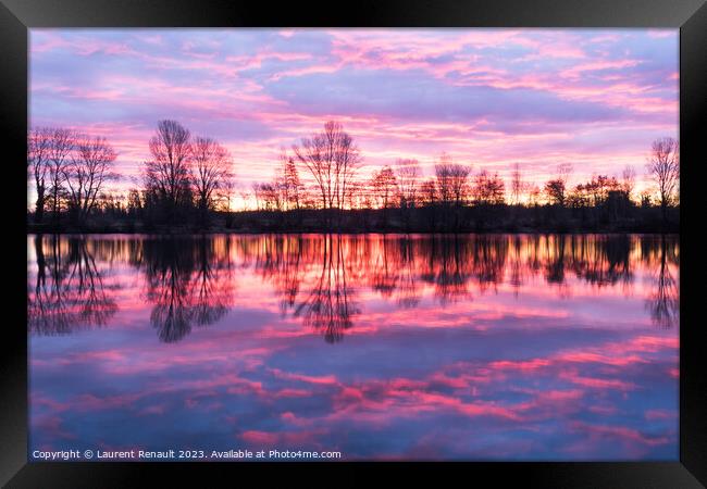 Nightscape at Adour French river in blazing red sunset. Photogra Framed Print by Laurent Renault