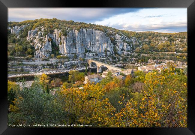 The bridge over the Ardeche river near the old village Balazuc i Framed Print by Laurent Renault