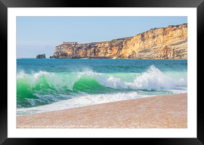 Wave and cliffs in Atlantic Ocean on the beach in Nazaré, Portu Framed Mounted Print by Laurent Renault