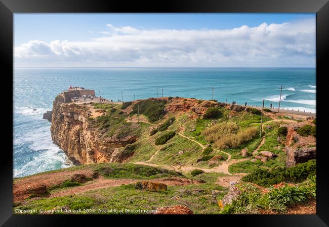 Waves near the Fort of Sao Miguel in Nazaré Framed Print by Laurent Renault