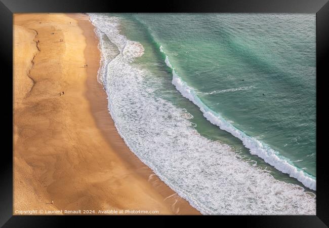 Aerial view of the sandy beach in Nazaré, Portugal Framed Print by Laurent Renault