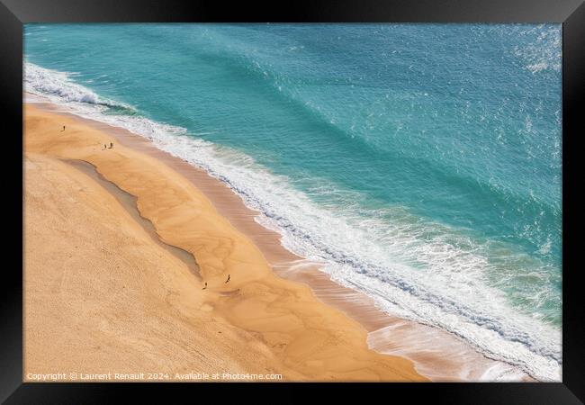 Aerial view of the sandy beach in Nazaré, Portugal Framed Print by Laurent Renault