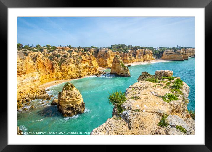 Spectacular cliffs and beach photographed near Praia da Marinha  Framed Mounted Print by Laurent Renault
