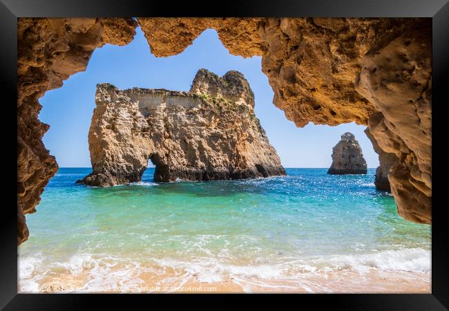 Small, heavenly beach photographed from cave, near Portimão, Al Framed Print by Laurent Renault