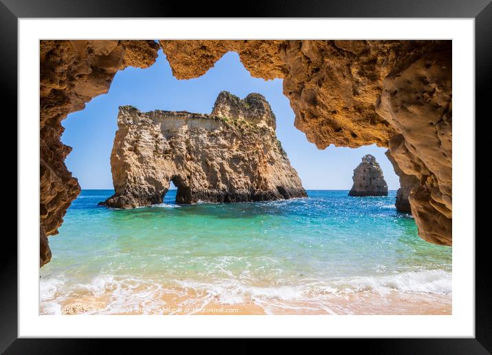 Small, heavenly beach photographed from cave, near Portimão, Al Framed Mounted Print by Laurent Renault