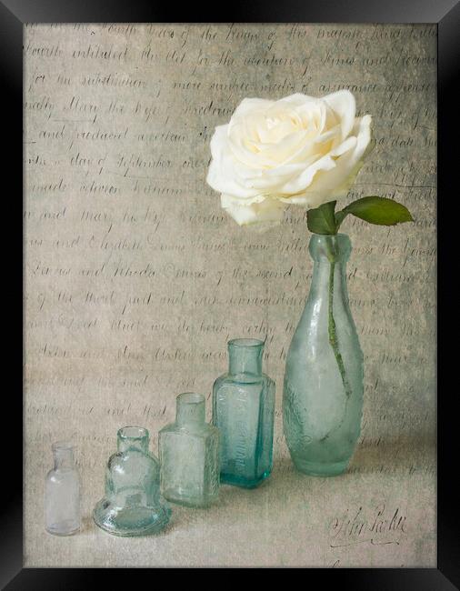 Vintage bottles with white rose Framed Print by Eileen Wilkinson ARPS EFIAP