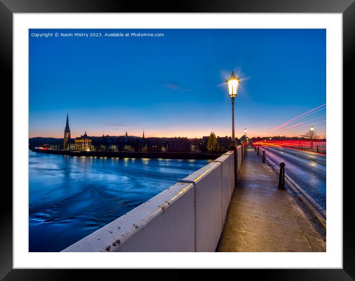 A view of Perth Bridge and the River Tay at night Framed Mounted Print by Navin Mistry