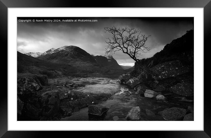 A view of the a burn and lone tree Glen Coe Scotla Framed Mounted Print by Navin Mistry