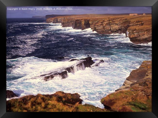Birsay Bay, Orkney seen with Atlantic waves crashing in the rocky coastline Framed Print by Navin Mistry