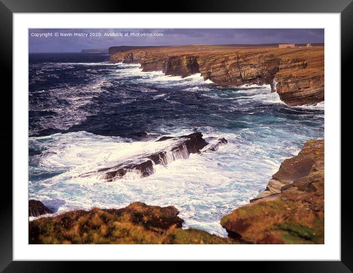 Birsay Bay, Orkney seen with Atlantic waves crashing in the rocky coastline Framed Mounted Print by Navin Mistry