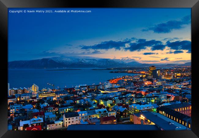Reykjavik, Iceland seen at sunrise in the winter Framed Print by Navin Mistry