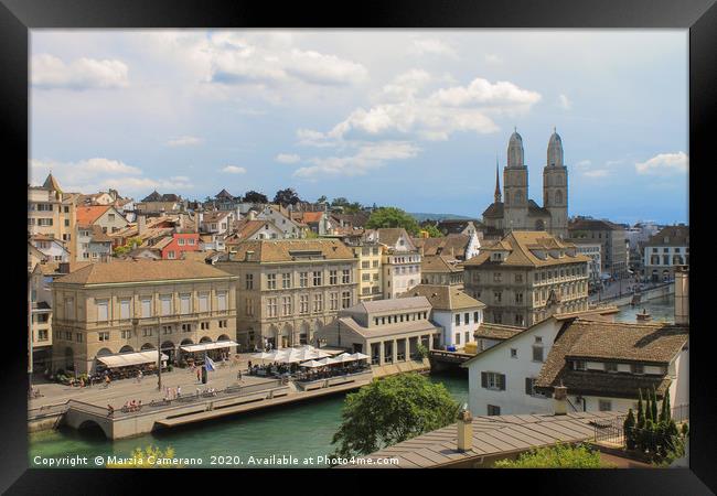 High angle view of Limmat river in old town Zurich Framed Print by Marzia Camerano
