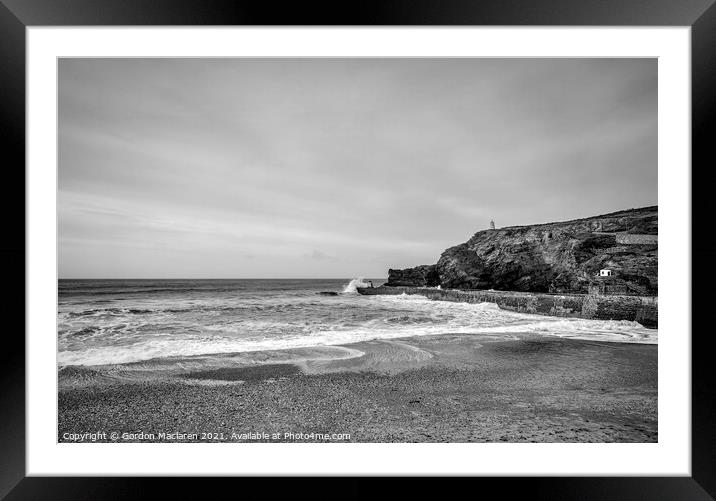 Portreath Beach and the Harbour Wall B+W Framed Mounted Print by Gordon Maclaren