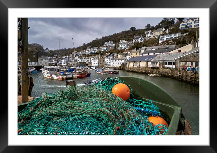 Fishing gear and boats in Polperro Harbour Cornwal Framed Mounted Print by Gordon Maclaren