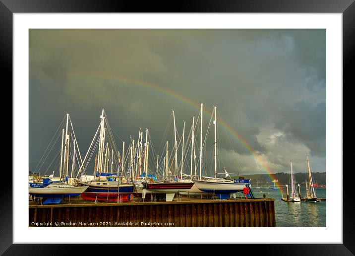 Rainbow over the boats docked in Falmouth Harbour Framed Mounted Print by Gordon Maclaren