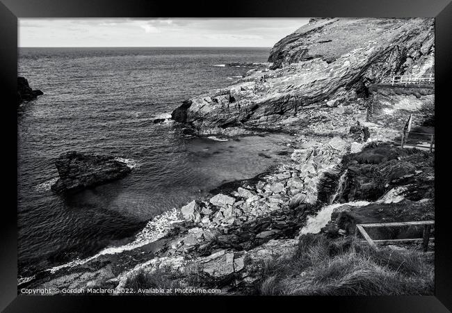 Rocky bay, Tintagel, Cornwall in black and white Framed Print by Gordon Maclaren