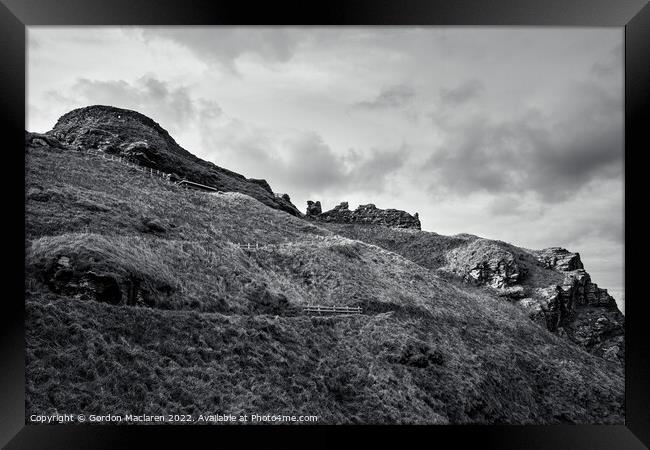 Tintagel Castle, Cornwall in black and white Framed Print by Gordon Maclaren