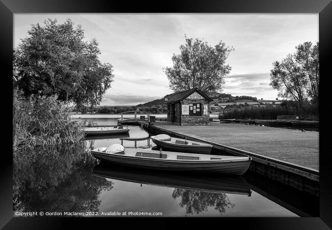 Boats moored in Llangorse Lake, Monochrome Framed Print by Gordon Maclaren