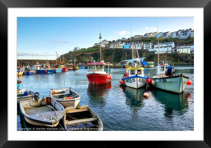 Fishing Boats in Mevagissey Harbour Cornwall Framed Mounted Print by Gordon Maclaren
