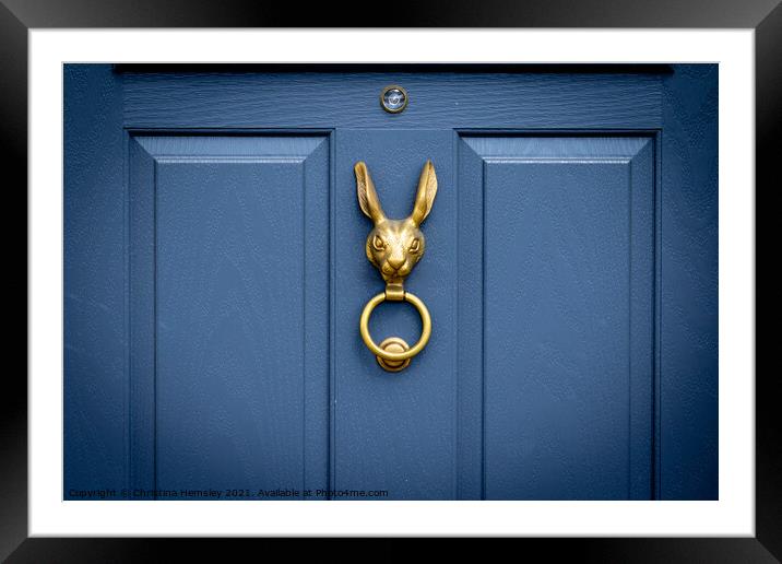 Blue wooden front door with bronze rabbit head door knocker Framed Mounted Print by Christina Hemsley