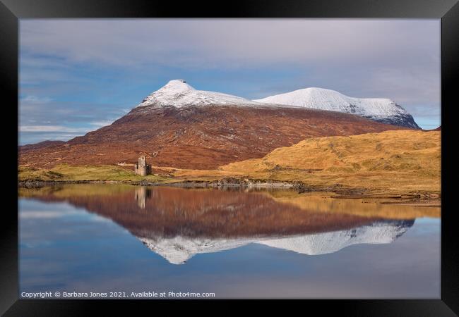 Quinag and Ardvreck Castle Ruins Loch Assynt. Framed Print by Barbara Jones