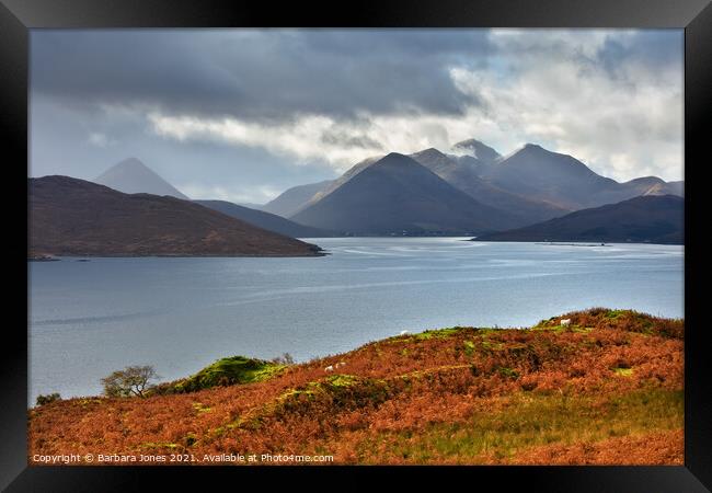 Cuillins of Skye from North Fearns Raasay Scotland Framed Print by Barbara Jones