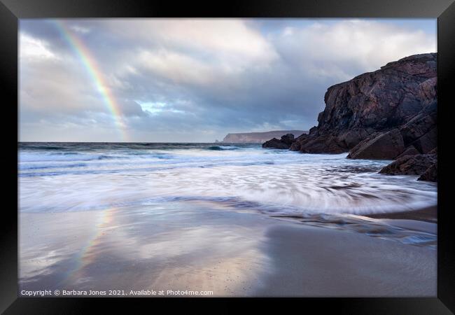 Durness, Sango Sands Rainbow  NC500 Scotland. Framed Print by Barbara Jones
