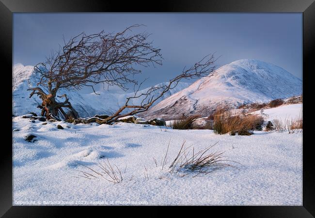 Red Hills Snow Scene Isle of Skye Scotland. Framed Print by Barbara Jones