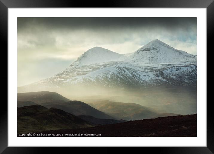 Cul Mor Snowstorm Elphin Assynt NC500 Scotland. Framed Mounted Print by Barbara Jones