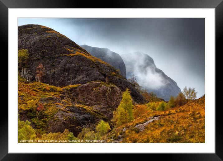 Glen Coe, Three Sisters Mountains Autumn Mist. Framed Mounted Print by Barbara Jones