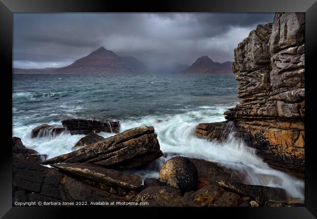 Elgol Beach Ball and Cuillins Loch Scavaig Scotlan Framed Print by Barbara Jones