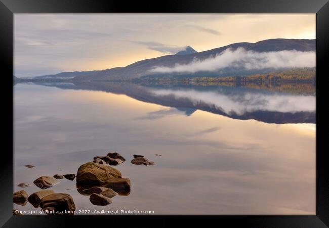 Misty Sunrise over Loch Rannoch Framed Print by Barbara Jones
